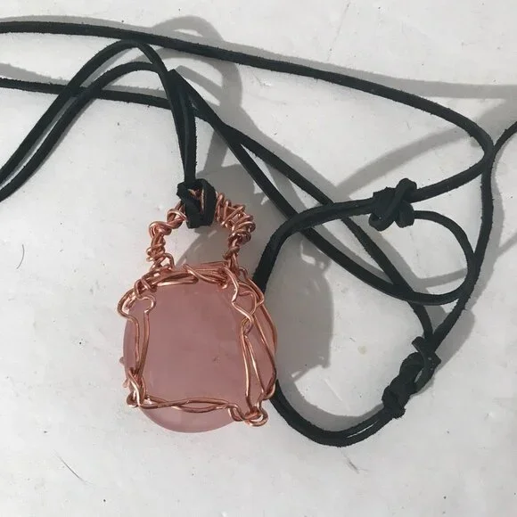 Rose Quartz Gemstone Solid Copper Pendant Unisex Genuine Leather Necklace Reiki